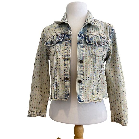 Veveret Rhinestone Studded Denim Jacket Cropped Distressed tie small dye style - Picture 7 of 16
